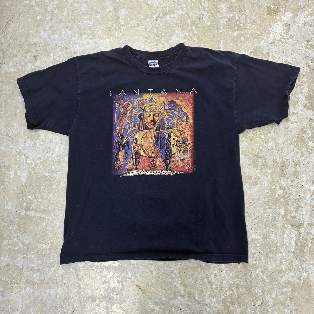 Vintage Santana Shaman Shirt Mens XL Black Cygnus Tour Concert Band Faded Y2K